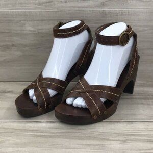 Hokus Pokus Heel Sandals Women's 7 Brown Leather Wooden Shoes